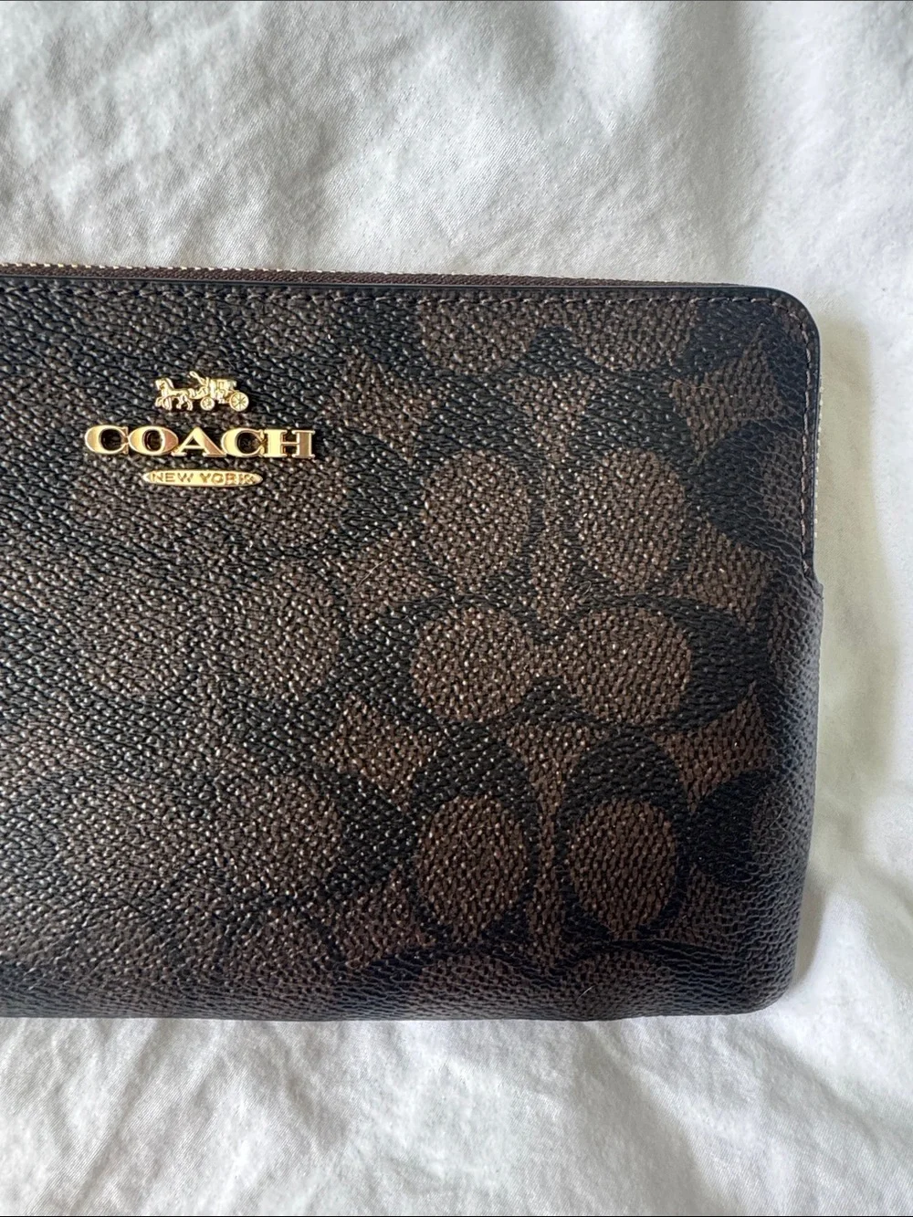 Coach Dark Brown Signature Wristlet with Gold Logo